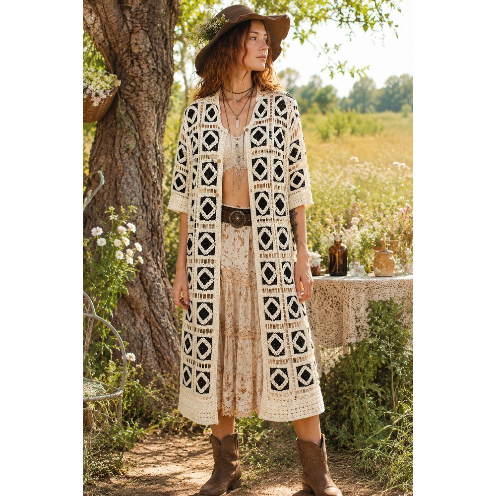 Solitaire Crochet Granny Square Boho Chic Cottage Duster Festival Cardigan M/L